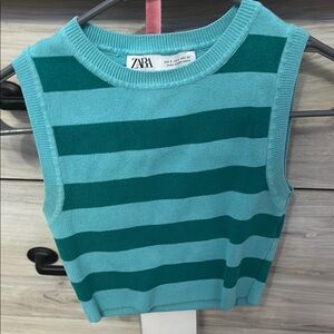 Zara Teal and Green Striped Sleeveless Top